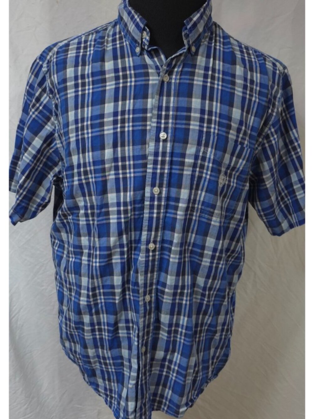 Chaps Easy Care Mens XL Blue Plaid Short Sleeve Button Down Logo Shirt